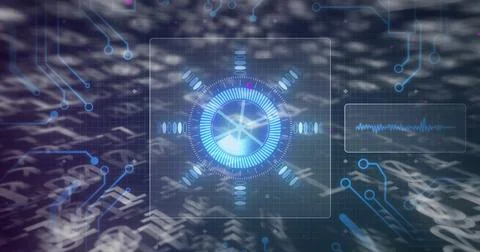 Floating circular interface showing overlay waveform, grid traces, symbols and Stock Photos