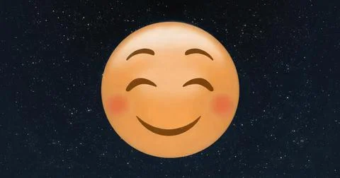 Floating circular peach-colored smiling face emoji gliding in dark star-fille Stock Illustration