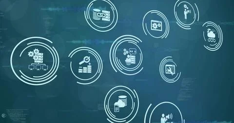 Floating circular technology icons animating on teal-blue dashboard, showing Stock Illustration