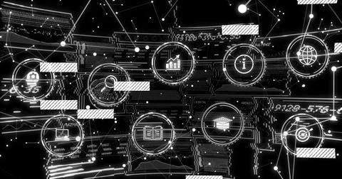 Floating circular UI icons connecting data lines in virtual space matrix, with Stock Photos