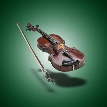 Floating classical violin instrument  with shadows on green gradient Stock Photos