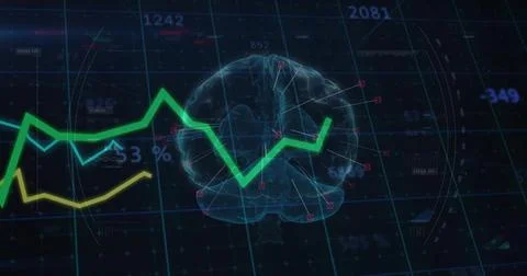 Floating clear 3D wireframe brain in digital grid, with colored trend lines a Stock Illustration