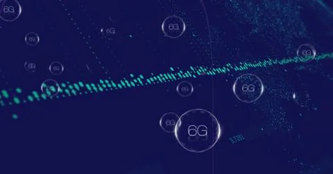 Floating clear 6G sphere drifting right on blue field with teal waveform and Stock Photos