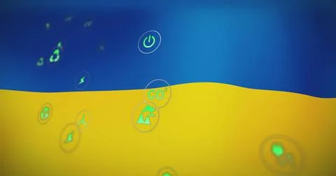Floating clear bubbles hovering over wavy blue-yellow digital field showing Stock Photos