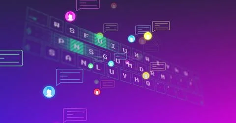 Floating clear keyboard angling across purple magenta gradient, showing teal-lit 스톡 일러스트