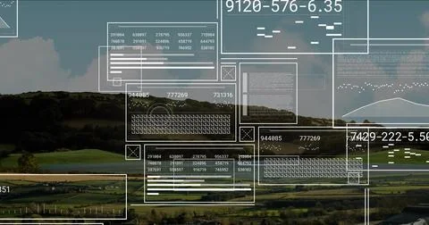 Floating clear panels displaying charts over rural valley fields, with grids and Stock Photos