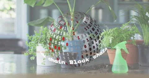 Floating clear sphere showing Block chain over sunlit counter, with shiny pot, Stock Photos