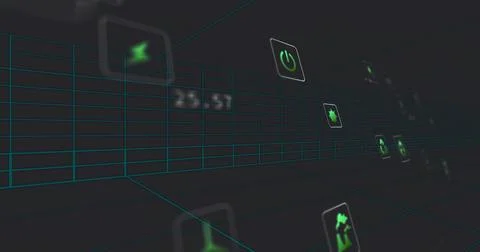 Floating clear UI tiles and converging teal grid in virtual corridor, showing Illustrazione stock