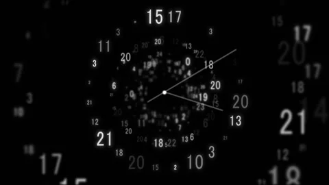 Floating clock digits motion visual with white numbers, analog hands, and soft d Stock Footage 340577039
