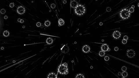 Floating clock time tunnel white clock faces, fast motion streaks, black perspec Stock Footage 340564537