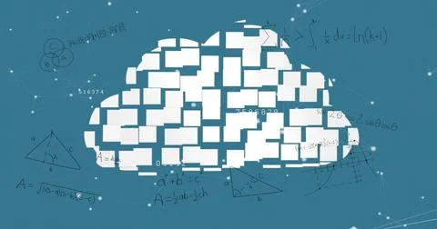 Floating cloud formed from white tiles hovering on teal-blue canvas, showing 스톡 사진