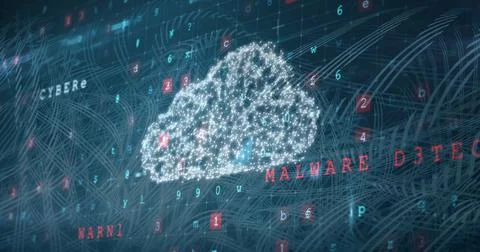 Floating cloud icon amid drifting letters and numbers among network lines, with 写真素材