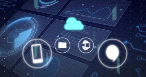 Floating cloud icon hovering above mesh panels in digital grid, showing UI icons 写真素材