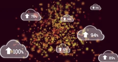 Floating cloud icons showing upload arrows and percents over maroon graphic with Illustrazione stock