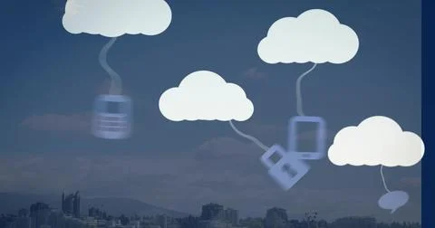 Floating cluster of 5 cloud icons linking phone tablet laptop above city Stock Photos