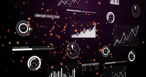 Floating cluster of analytics widgets drifting in virtual dashboard, showing Stock Photos