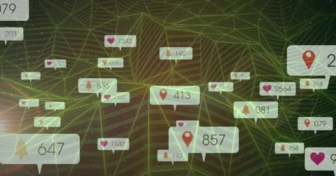 Floating cluster of badges hovering over green wireframe grid, with heart bell Stock Illustration