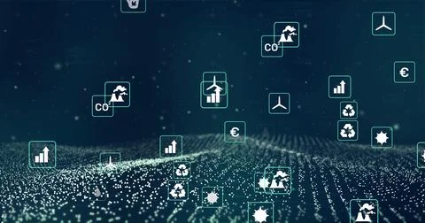 Floating cluster of badges hovering over virtual particle grid, showing Stock Illustration