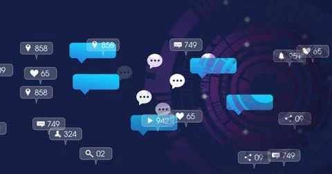 Floating cluster of blue chat bubbles showing numeric badges over navy purple Stock Photos