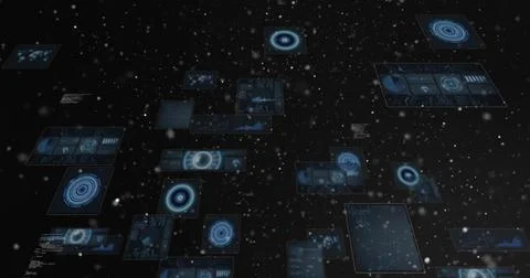Floating cluster of blue holographic data panels drifting in cyberspace, with Stock Illustration