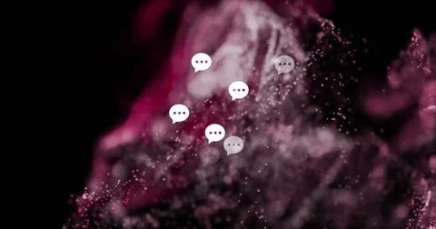 Floating cluster of chat bubble icons with three-dot ellipses in magenta and Stock Illustration