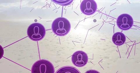 Floating cluster of connected purple user nodes overlaying wet sand at coast, Stock Illustration