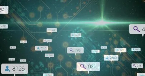 Floating cluster of data labels showing numeric counters in virtual network, Stock Illustration