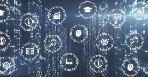 Floating cluster of double-ring UI icons hovering in LED-lit data corridor, Stock Illustration