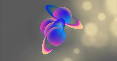 Floating cluster of four gradient spheres drifting in studio, with torus ring Illustrazione stock