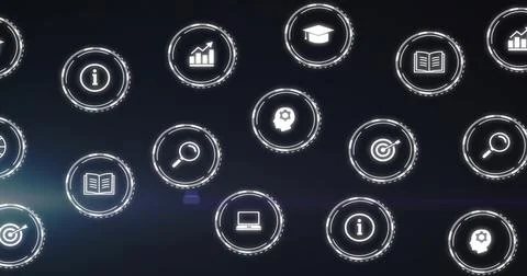 Floating cluster of glowing circular UI icons hovering over deep navy gradient, Stock Illustration