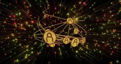 Floating cluster of golden pixel user nodes orbiting wireframe sphere in black Stock Photos