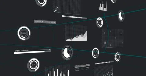 Floating cluster of graph panels and circular gauges in virtual 3D dashboard, Stock Illustration