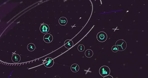 Floating cluster of green circular energy icons in virtual network space, Illustrazione stock