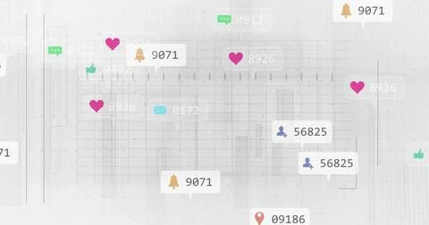 Floating cluster of heart, bell, thumbs-up and chat bubbles on pale-gray 스톡 일러스트