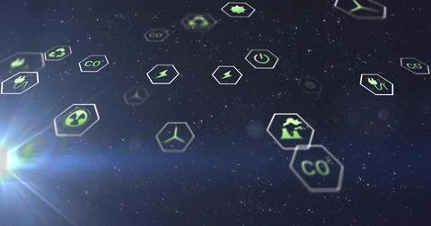 Floating cluster of hex tiles showing wind turbine, CO icons in starfield with Stock Illustration