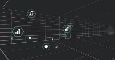 Floating cluster of hexagonal icons drifting through virtual corridor, with n Illustrazione stock