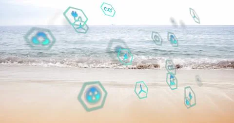 Floating cluster of hexagonal icons drifting above sandy shore at ocean, with Stock Photos