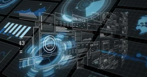 Floating cluster of holographic data panels hovering over dark grid plane, Illustrazione stock