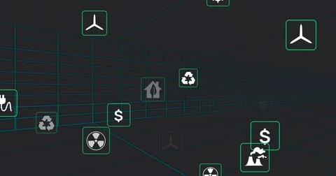 Floating cluster icons drifting in teal 3D grid corridor, with wind, recycle, Stock Illustration