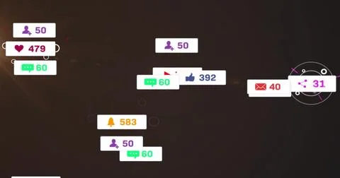 Floating cluster of notification badges hovering on dark UI overlay, showing Illustrazione stock
