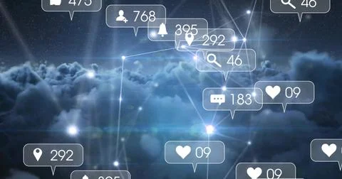 Floating cluster of notification bubbles and glowing nodes spanning night Illustrazione stock