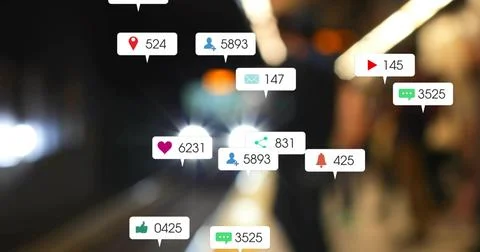 Floating cluster of notification bubbles hovering over metro platform, with Stock Photos