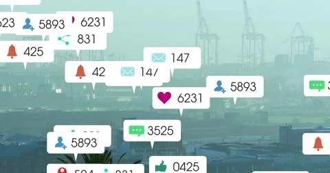 Floating cluster of notification bubbles showing icons and counts hovering over Stock Photos