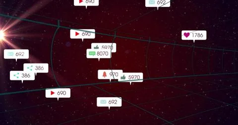 Floating cluster of notification icons glowing in 3D network space, with grid 스톡 일러스트
