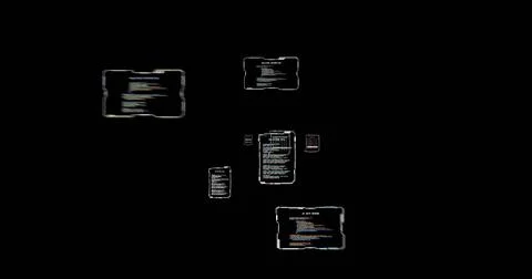 Floating cluster of overlapping code panes drifting in virtual void, showing Stock Photos