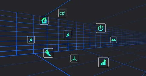 Floating cluster of rounded icons showing green power CO2 wind EV symbols in  Stock Illustration