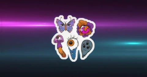 Floating cluster showing five surreal stickers over dark digital backdrop wit Ilustração Stock