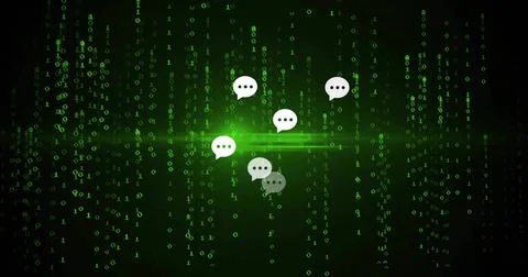 Floating cluster of six white chat bubbles hovering in cyberspace, with neon Stock Illustration
