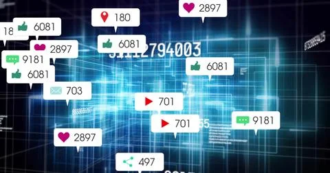 Floating cluster of social notifications hovering over data hub, showing icon Illustrazione stock