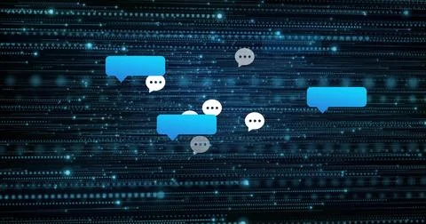 Floating cluster of speech-bubble icons hovering above virtual data plane, イラスト素材